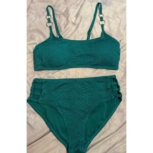Time & Tru Women's Textured Green High Waisted Bikini,‎ S Top/L Bottom